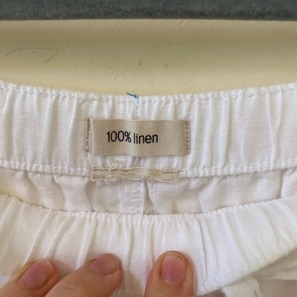 100% Linen White Wide Leg Lattice Eyelet Pants Drawstring Waist M - Picture 4 of 8